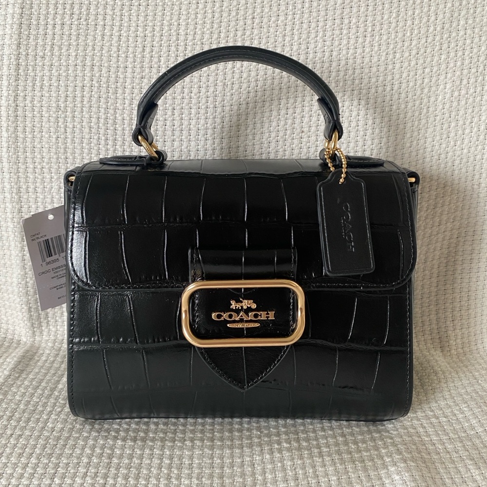 NWT Coach Morgan Top Handle Satchel Bag in Black Croc Embossed leather